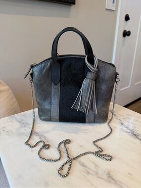 Ala Pilar Distressed Gray Leather & Haircalf Mini Crossbody with Fringe Tassel